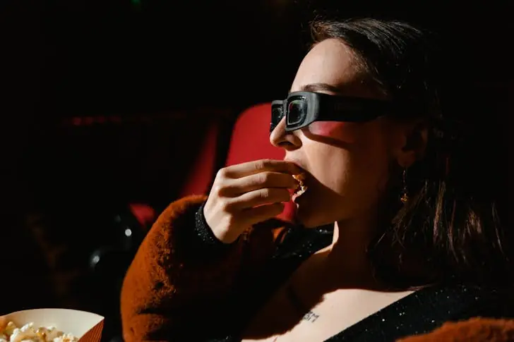 Things to be passionate about - Woman sitting in a cinema eating popcorn.